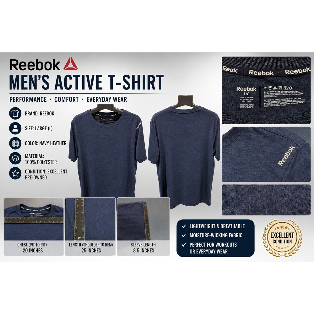 Reebok Mens Navy Blue Space Dye Performance Training T-Shirt Size Large L/G